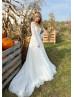 Long Sleeves Ivory Lace Polka Dots Tulle Boho Wedding Dress